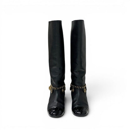 Chanel Boots Long Shoes Leather Black Gold CC Logo Chain Coin Charm — view 2
