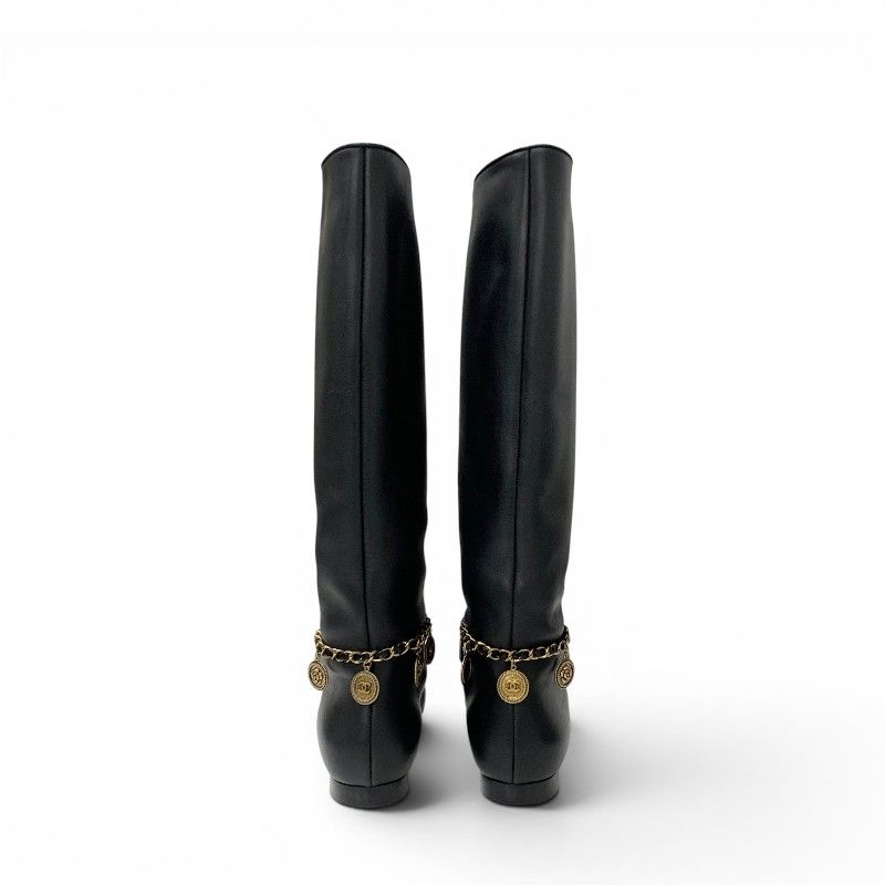 Chanel Boots Long Shoes Leather Black Gold CC Logo Chain Coin Charm — view 5