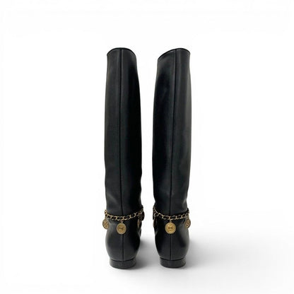 Chanel Boots Long Shoes Leather Black Gold CC Logo Chain Coin Charm — view 5
