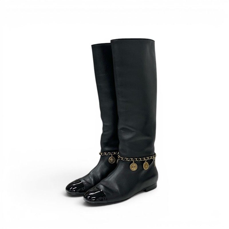 Chanel Boots Long Shoes Leather Black Gold CC Logo Chain Coin Charm