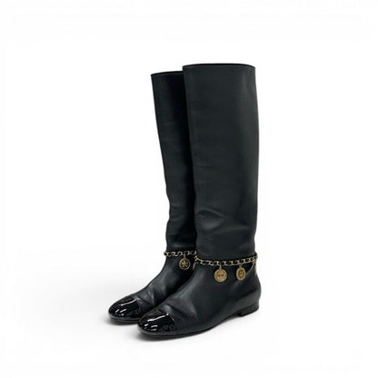 Chanel Boots Long Shoes Leather Black Gold CC Logo Chain Coin Charm