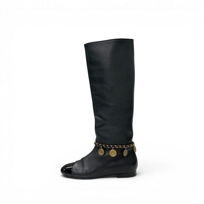 Chanel Boots Long Shoes Leather Black Gold CC Logo Chain Coin Charm — view 3