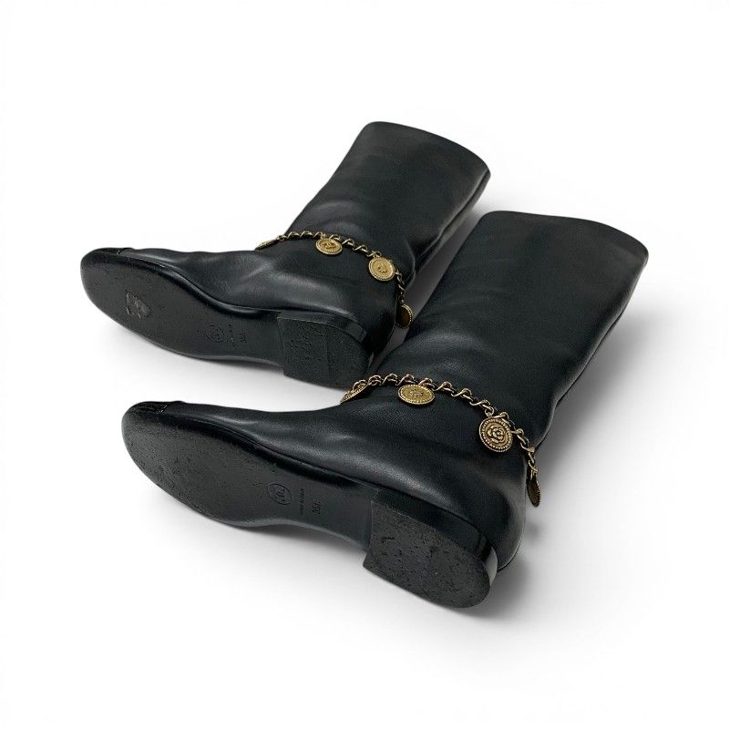 Chanel Boots Long Shoes Leather Black Gold CC Logo Chain Coin Charm — view 6