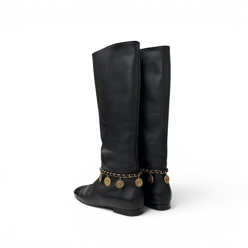 Chanel Boots Long Shoes Leather Black Gold CC Logo Chain Coin Charm — view 4