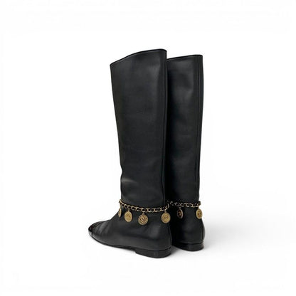 Chanel Boots Long Shoes Leather Black Gold CC Logo Chain Coin Charm — view 4