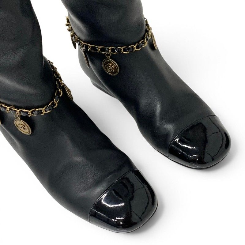 Chanel Boots Long Shoes Leather Black Gold CC Logo Chain Coin Charm — view 9