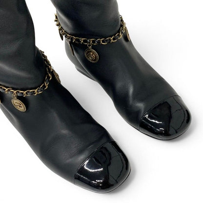 Chanel Boots Long Shoes Leather Black Gold CC Logo Chain Coin Charm — view 9