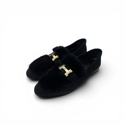 Hermes Paris Loafers Shoes Suede Black Gold Moccasins Flat