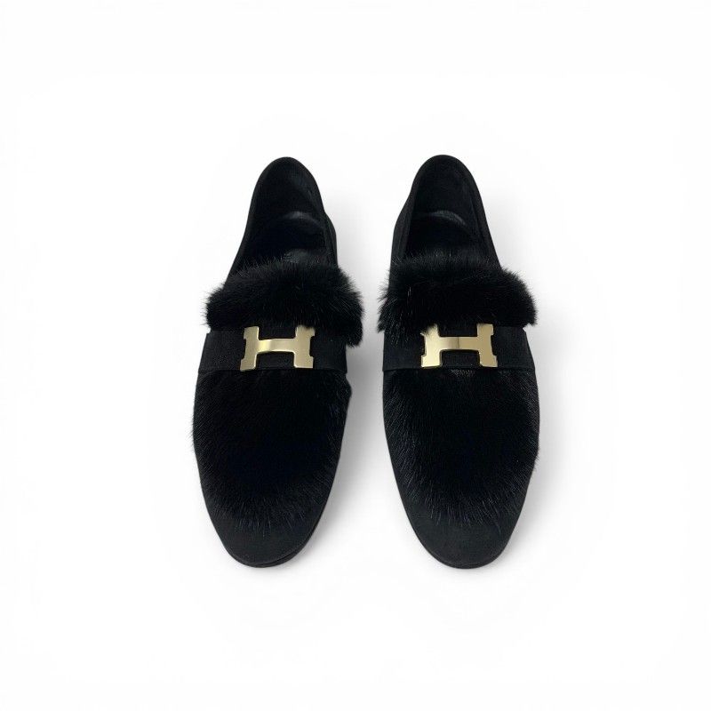 Hermes Paris Loafers Shoes Suede Black Gold Moccasins Flat — view 2