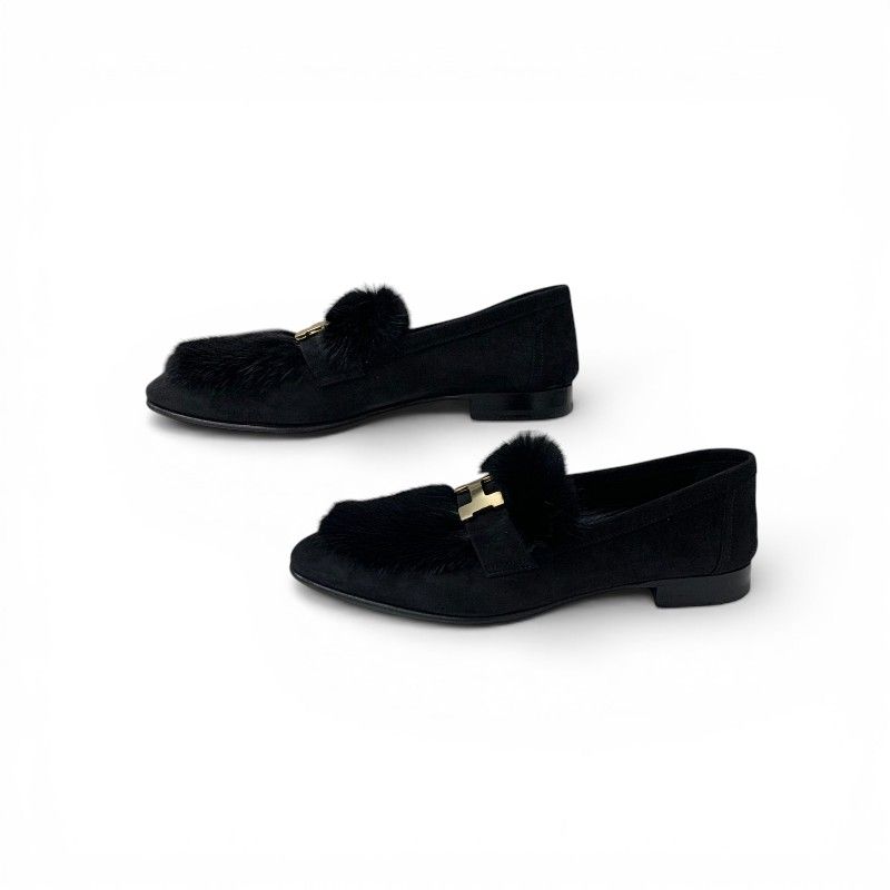 Hermes Paris Loafers Shoes Suede Black Gold Moccasins Flat — view 3