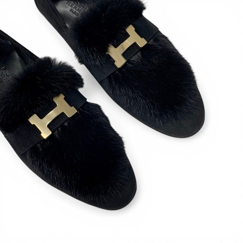 Hermes Paris Loafers Shoes Suede Black Gold Moccasins Flat — view 9