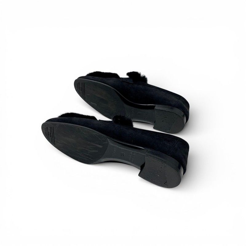 Hermes Paris Loafers Shoes Suede Black Gold Moccasins Flat — view 6