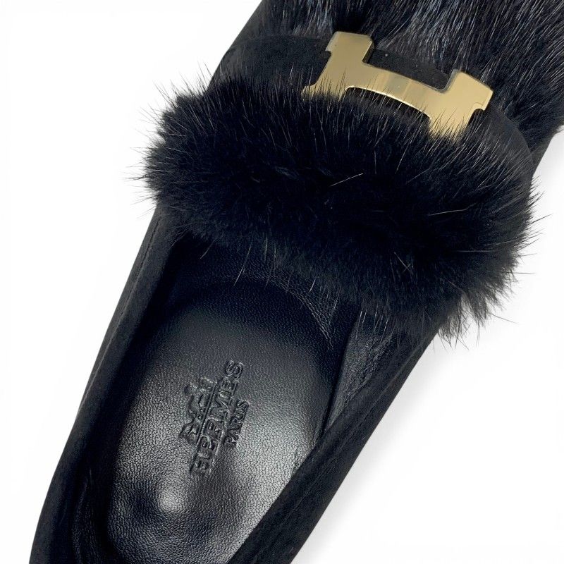 Hermes Paris Loafers Shoes Suede Black Gold Moccasins Flat — view 7