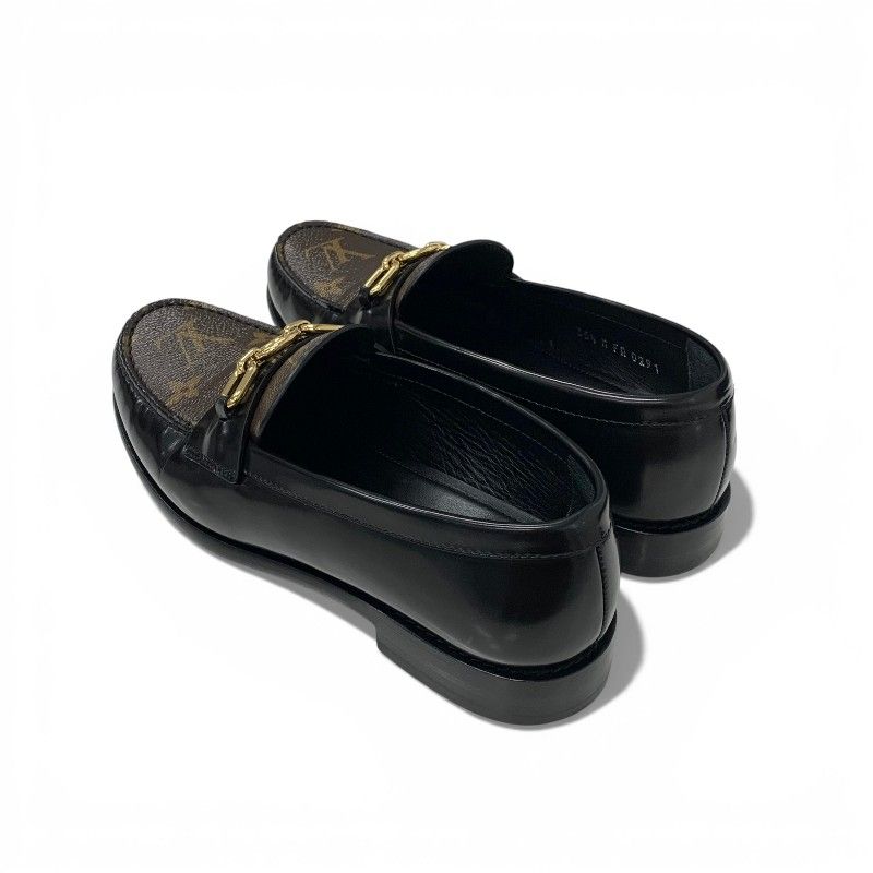 Louis Vuitton Chess Line Loafers Leather Shoes Black Brown Gold LV Circle Logo — view 4