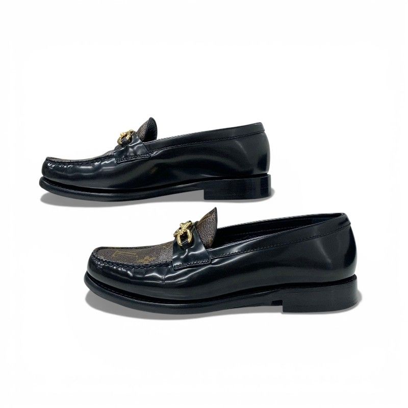 Louis Vuitton Chess Line Loafers Leather Shoes Black Brown Gold LV Circle Logo — view 3