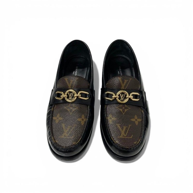 Louis Vuitton Chess Line Loafers Leather Shoes Black Brown Gold LV Circle Logo — view 2