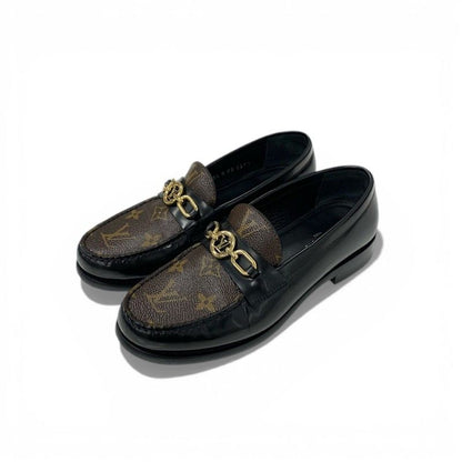 Louis Vuitton Chess Line Loafers Leather Shoes Black Brown Gold LV Circle Logo