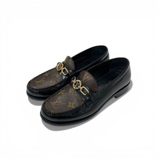Louis Vuitton Chess Line Loafers Leather Shoes Black Brown Gold LV Circle Logo