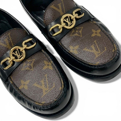 Louis Vuitton Chess Line Loafers Leather Shoes Black Brown Gold LV Circle Logo — view 9