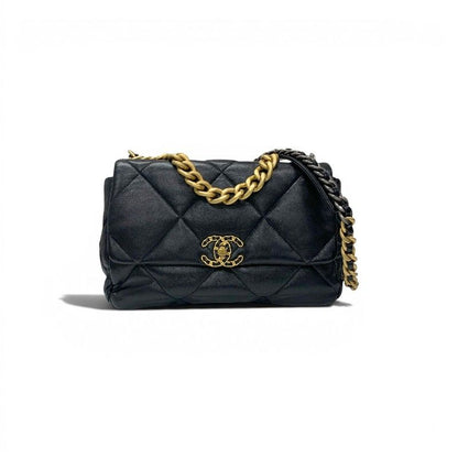 Chanel 19 Shoulder Bag Black Gold Silver Large CC Logo Turnlock Chain