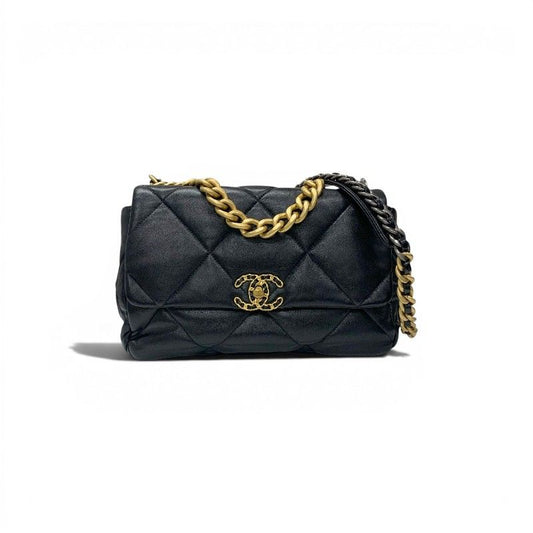 Chanel 19 Shoulder Bag Black Gold Silver Large CC Logo Turnlock Chain