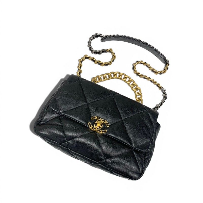 Chanel 19 Shoulder Bag Black Gold Silver Large CC Logo Turnlock Chain — view 5