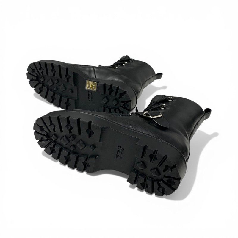 Hermes Land Boots Short Shoes Leather Black Lace Up — view 6
