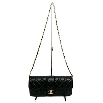 Chanel Che Clutch Shoulder Bag Lambskin Black Gold Leather