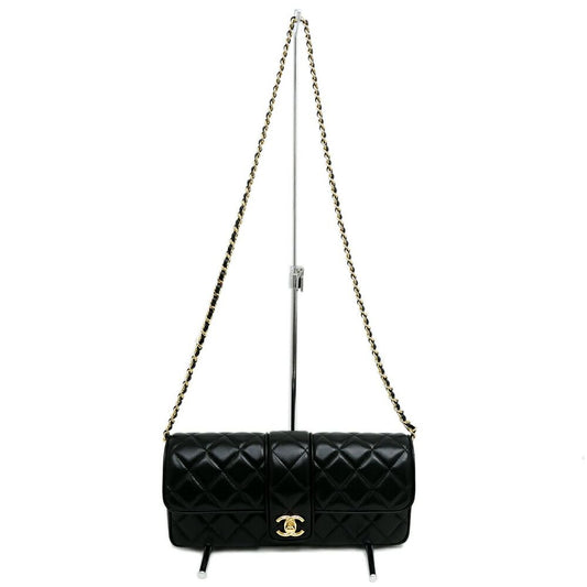 Chanel Che Clutch Shoulder Bag Lambskin Black Gold Leather