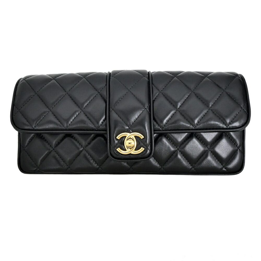 Chanel Che Clutch Shoulder Bag Lambskin Black Gold Leather — view 7