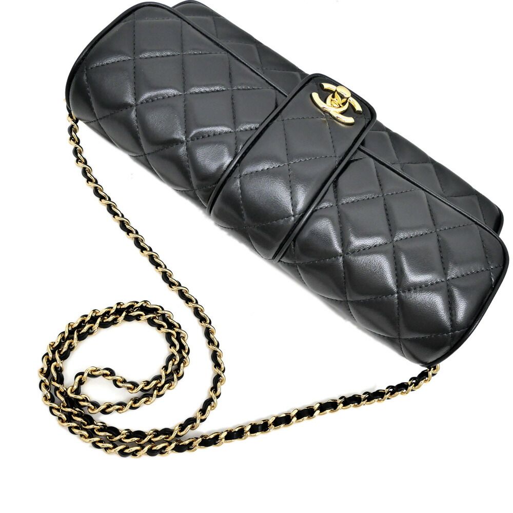 Chanel Che Clutch Shoulder Bag Lambskin Black Gold Leather — view 8