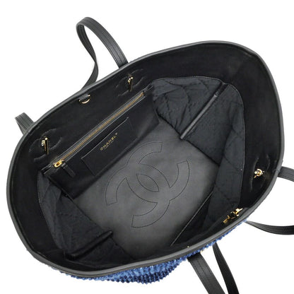 Chanel Small Shopping CC Tote Tweed Blue Black Gold Leather — view 7