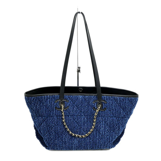 Chanel Small Shopping CC Tote Tweed Blue Black Gold Leather