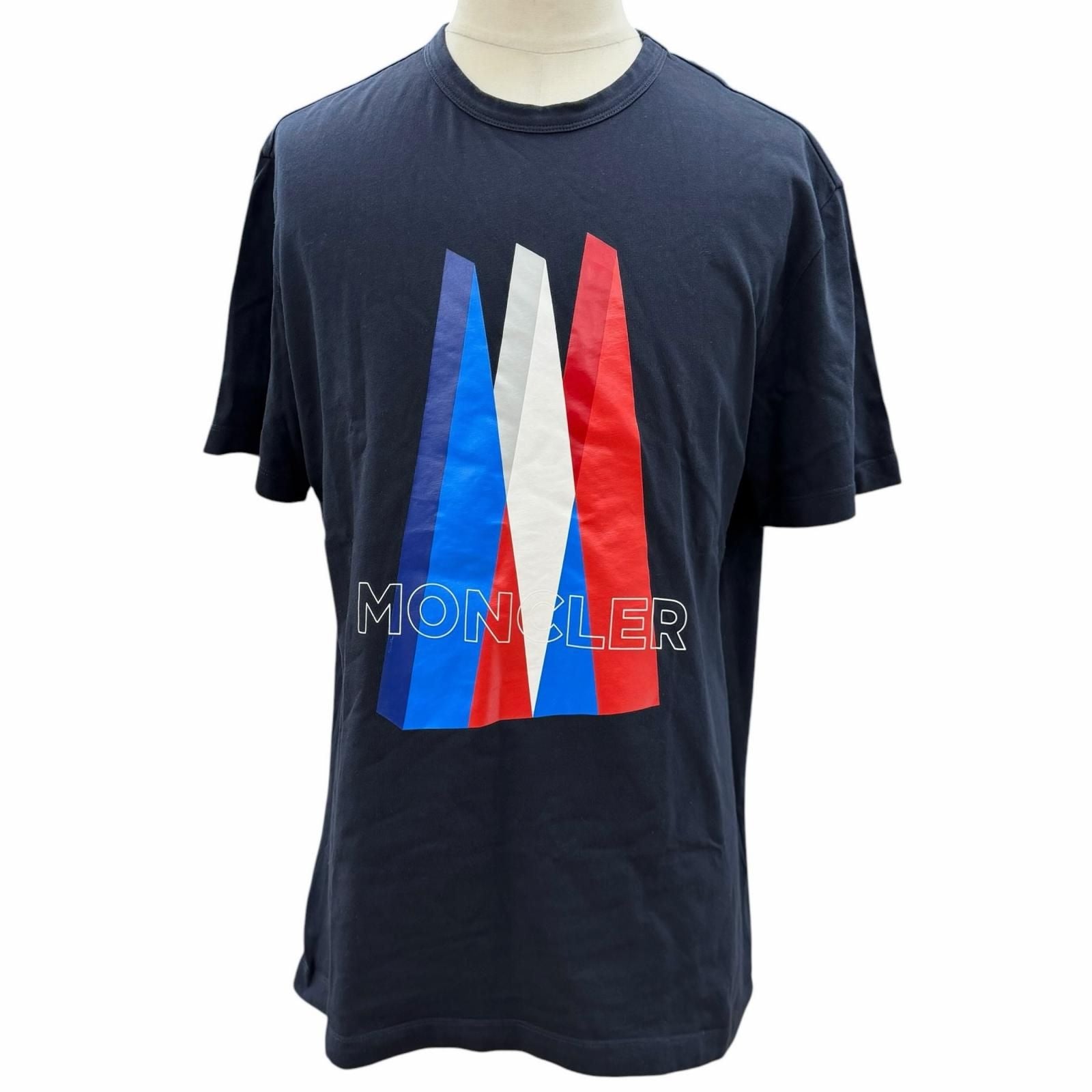 Moncler Cotton 100% Logo Print Crew Neck Short Sleeve T-Shirt Navy