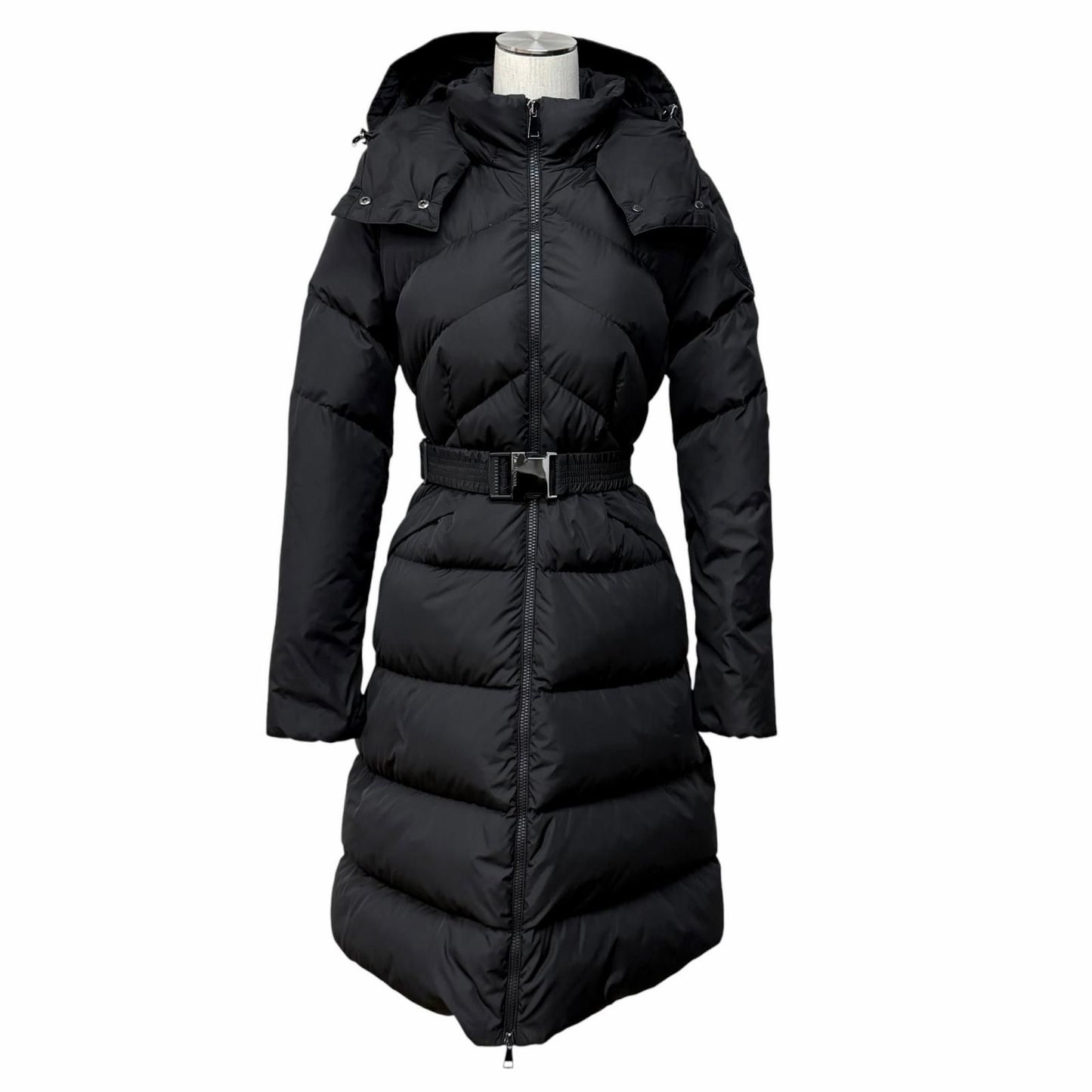 Moncler Agot Belt Hood Big Logo Patch Zip Up Jacket Coat Black 00