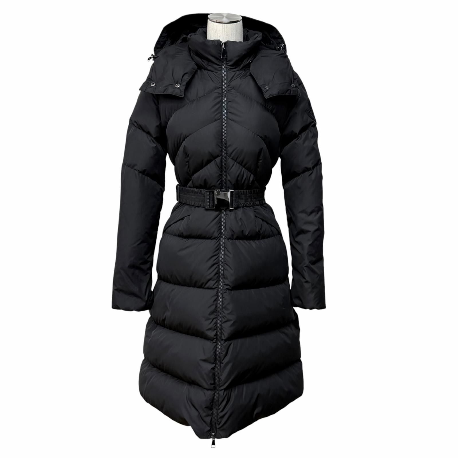 Moncler Agot Belt Hood Big Logo Patch Zip Up Jacket Coat Black 00