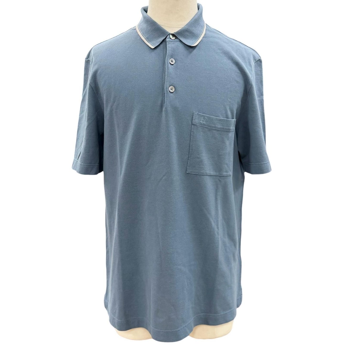 Hermes Cotton 100% Logo Embroidery Short Sleeve Polo Shirt Blue