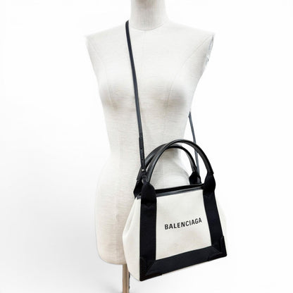 Balenciaga Navy Cabas XS Canvas Leather Shoulder Bag Natural Black — view 3