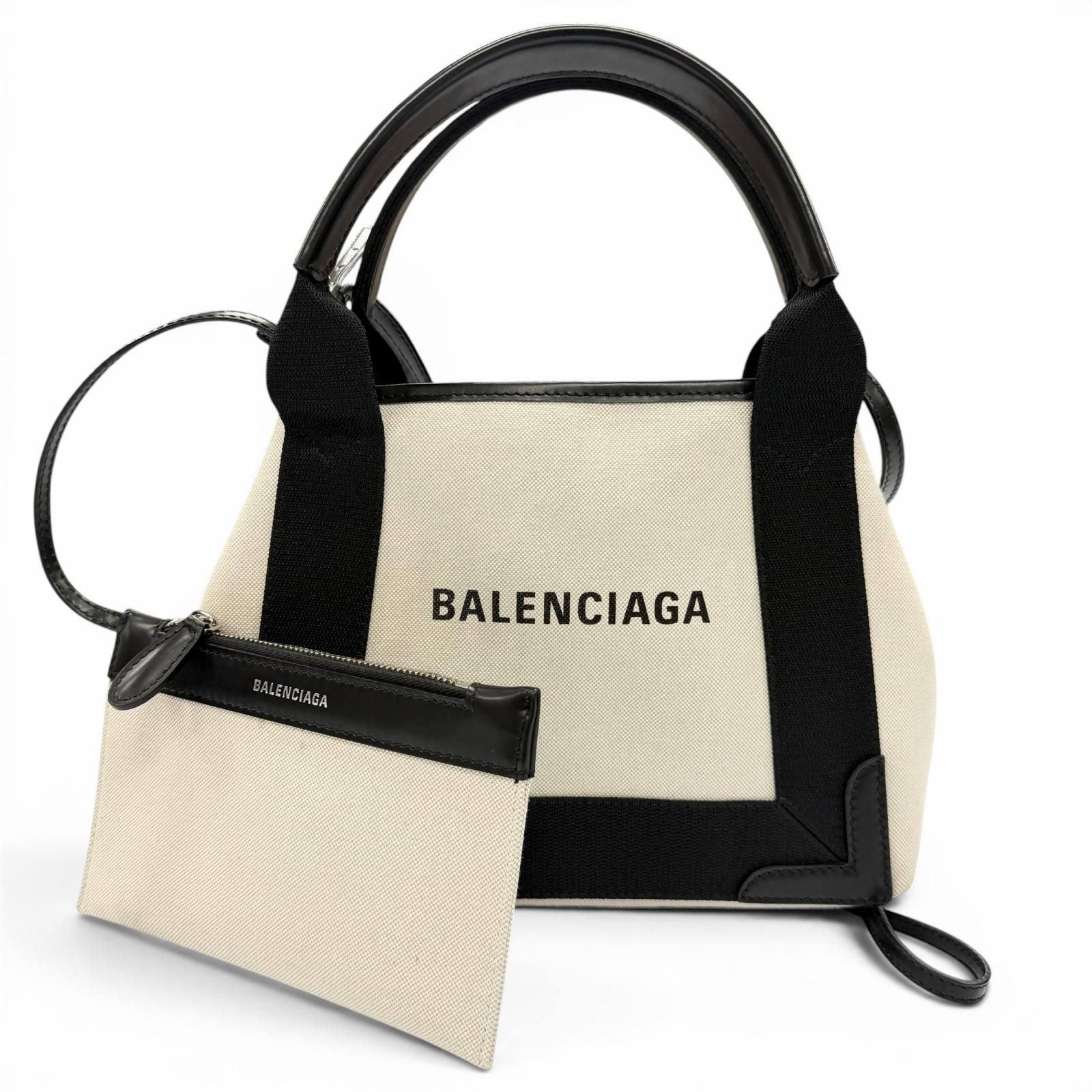 Balenciaga Navy Cabas XS Canvas Leather Shoulder Bag Natural Black
