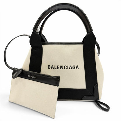 Balenciaga Navy Cabas XS Canvas Leather Shoulder Bag Natural Black