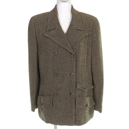 Chanel Vintage CC Logo Button Wool Tweed Double Jacket Khaki 44