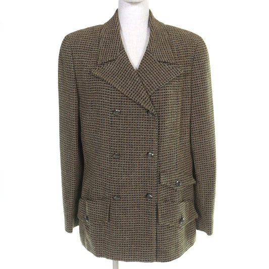 Chanel Vintage CC Logo Button Wool Tweed Double Jacket Khaki 44