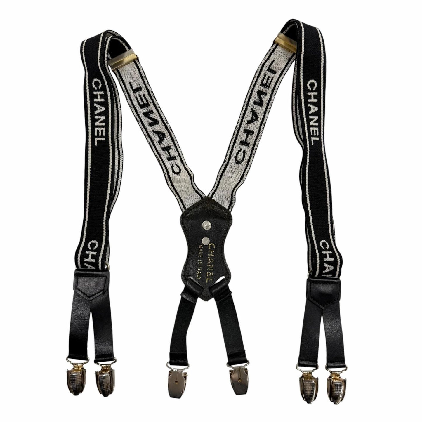 Chanel Vintage Leather Suspenders with Logo CC Black