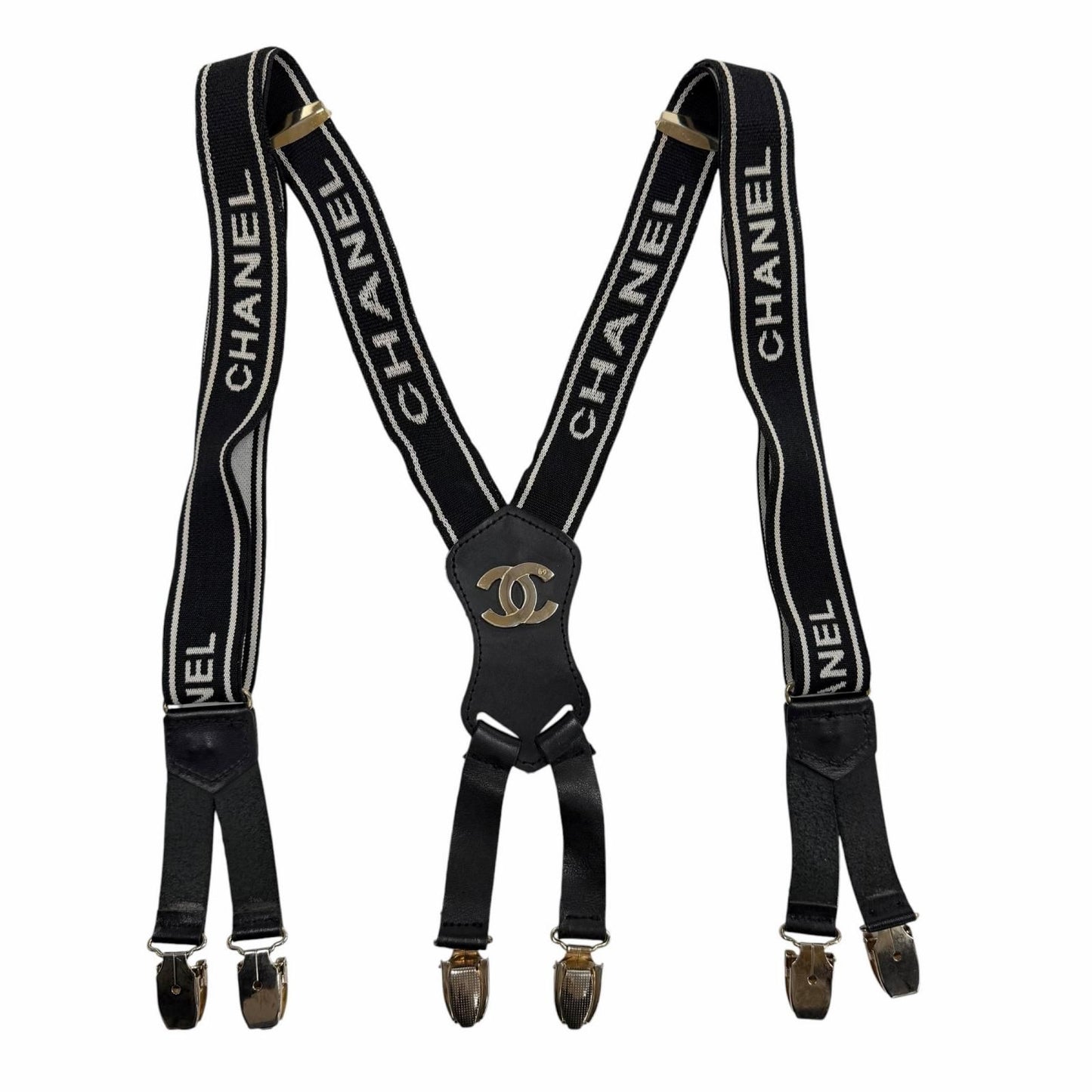 Chanel Vintage Leather Suspenders with Logo CC Black — view 3
