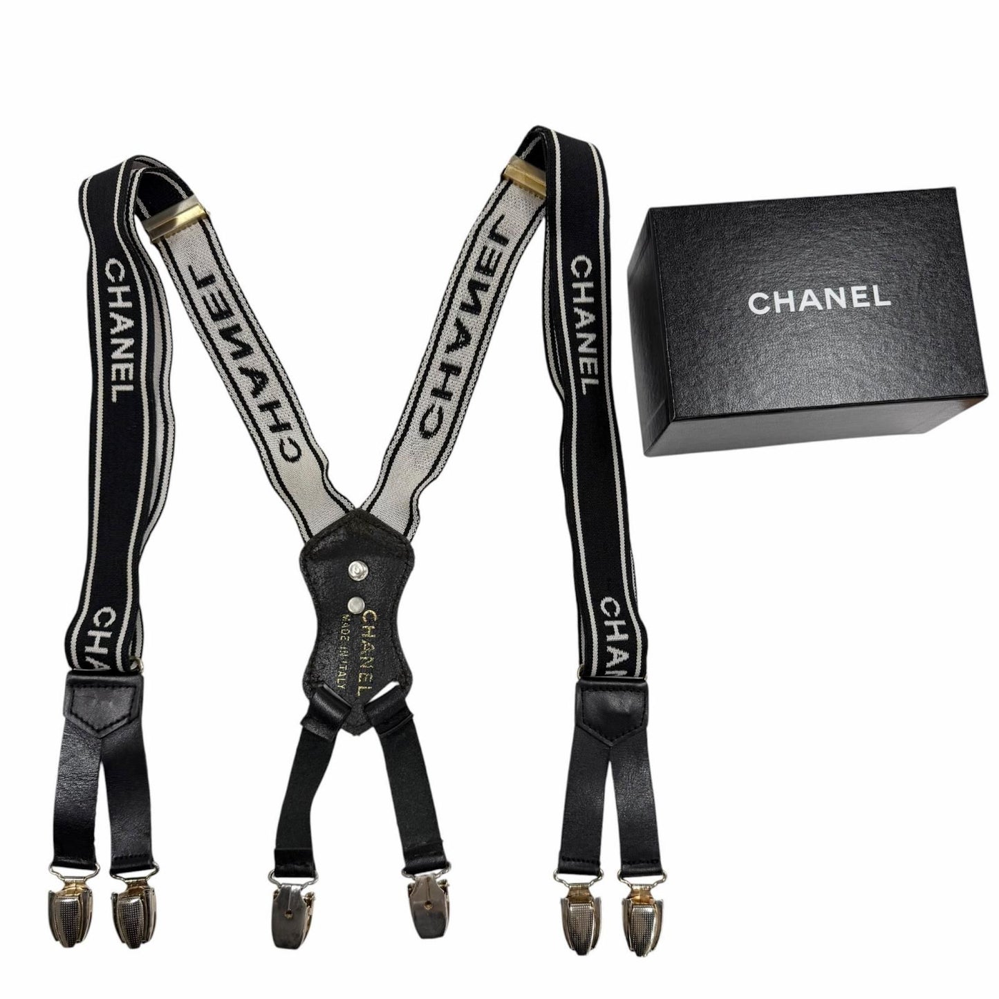 Chanel Vintage Leather Suspenders with Logo CC Black — view 2