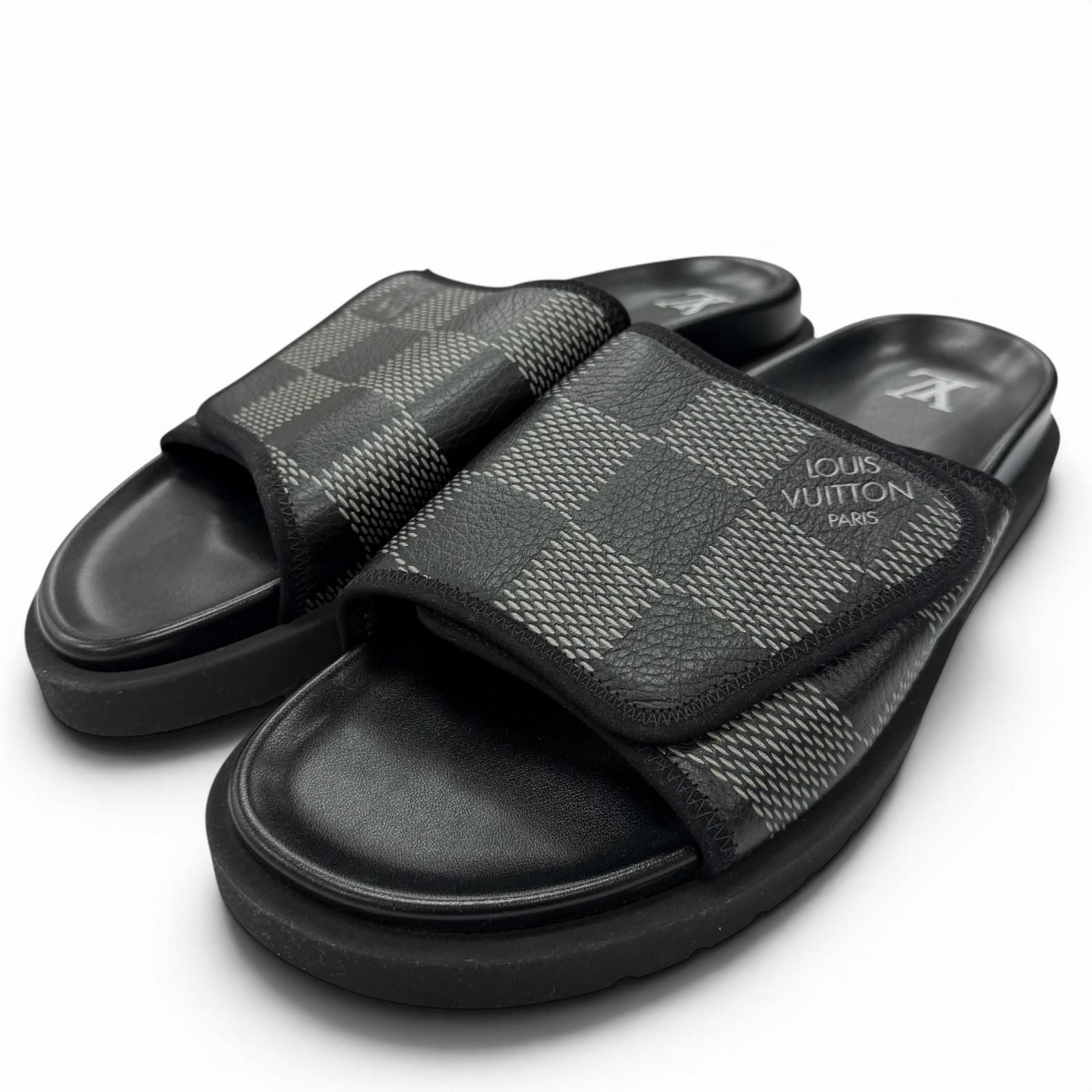 Louis Vuitton Miami Line Mules Leather Damier Giant Slide Sandals Black 9