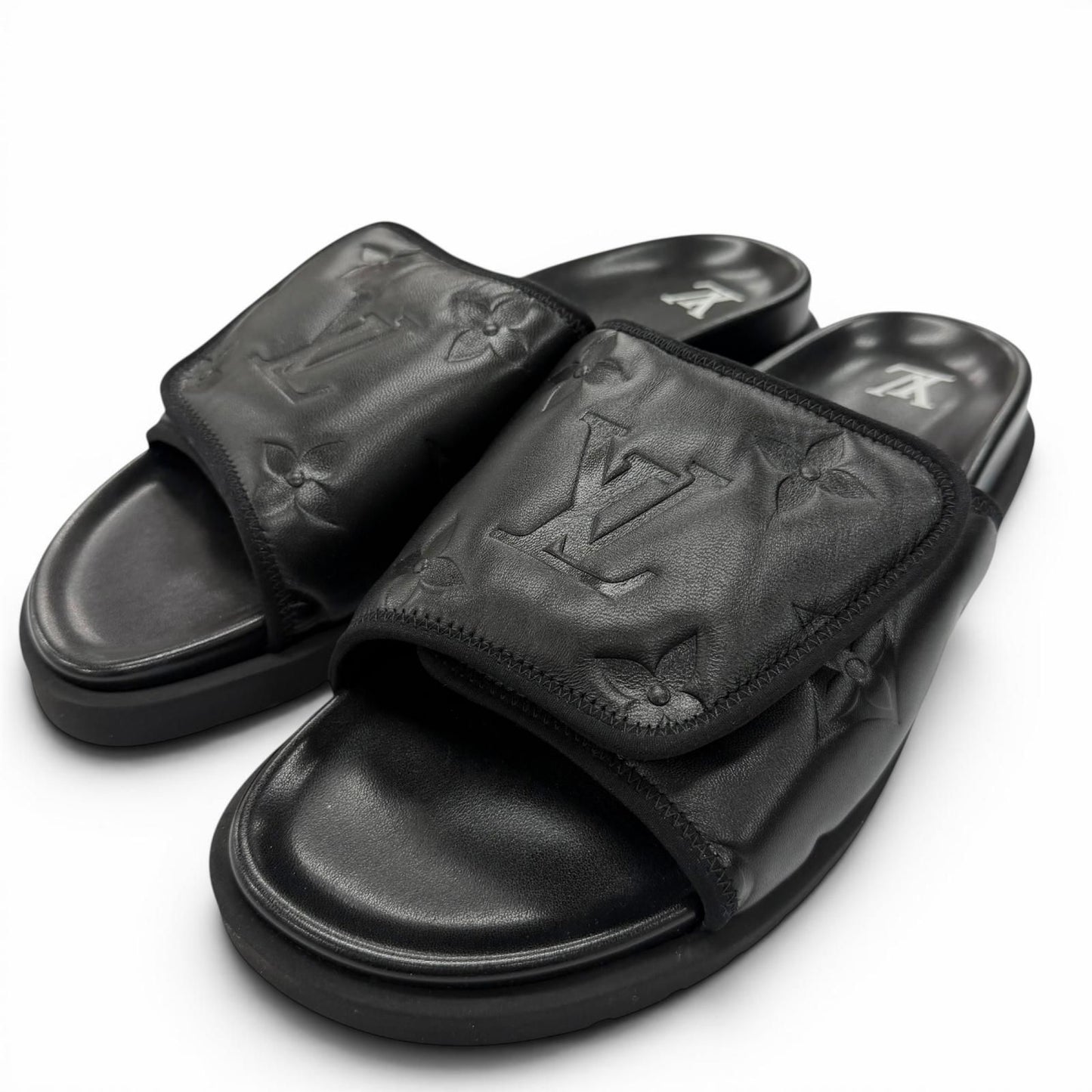 Louis Vuitton Miami Line Mules Leather Monogram Giant Slide Sandals Black 10