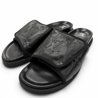 Louis Vuitton Miami Line Mules Leather Monogram Giant Slide Sandals Black 10