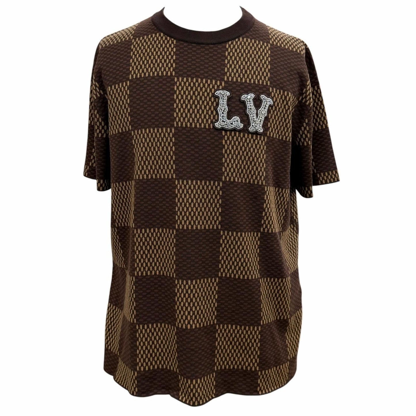 Louis Vuitton Damier Line Stone LV Logo Crew Neck Short Sleeve Knit Brown