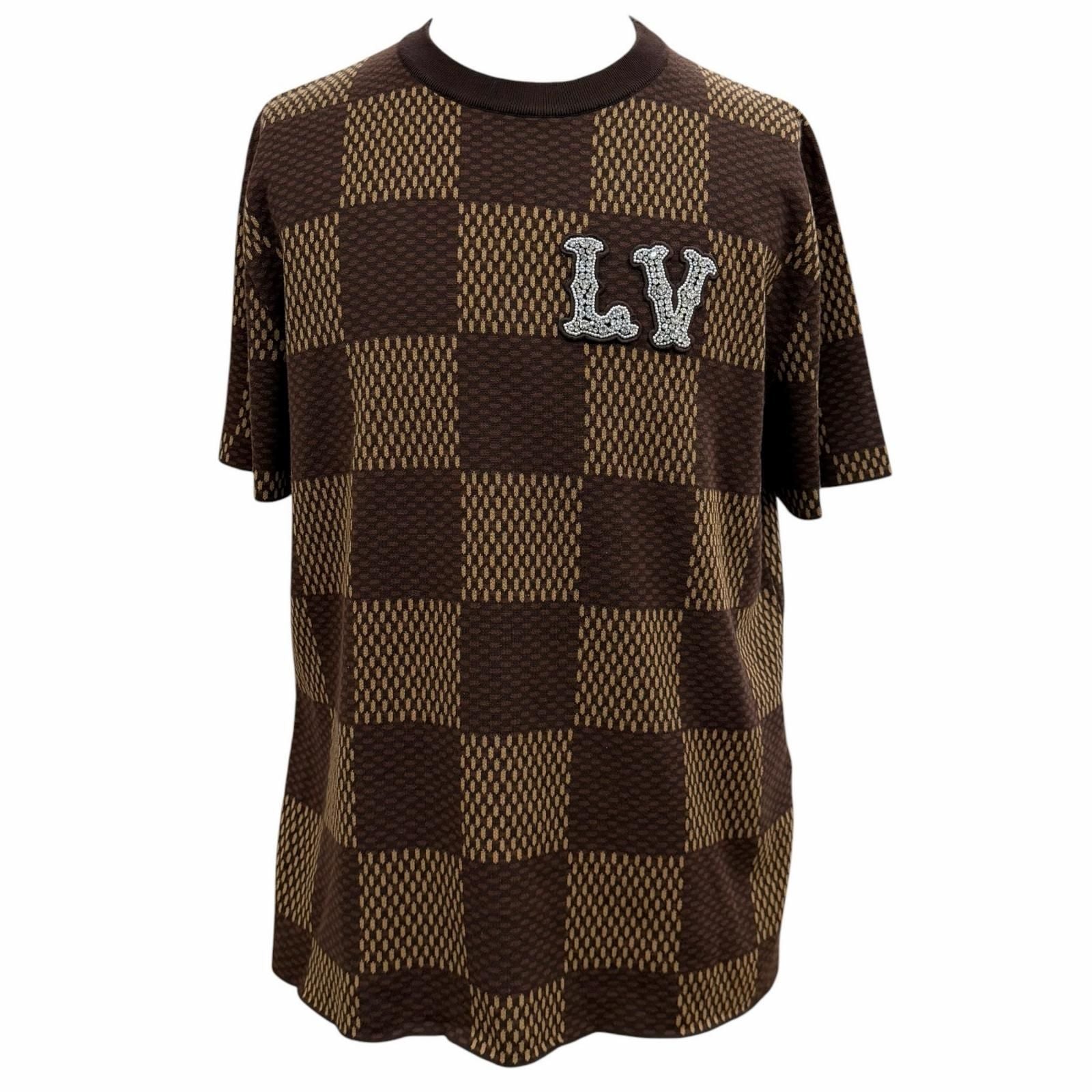 Louis Vuitton Damier Line Stone LV Logo Crew Neck Short Sleeve Knit Brown
